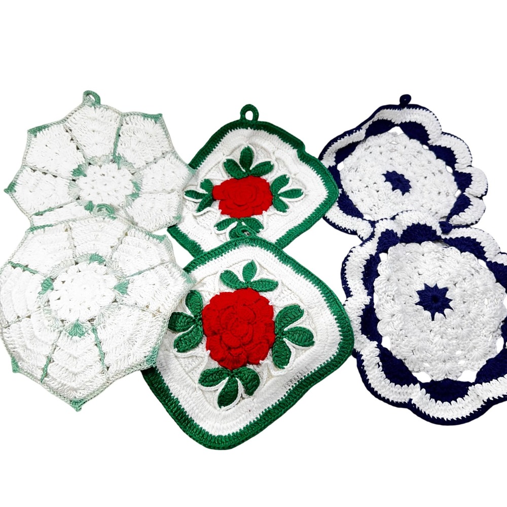 Vintage Handmade Crochet Potholder Set 6pc Red Rose Navy Blue Mint Green Floral